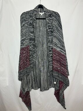Charming Charlie Long Gray Open-Front Shawl Cardigan with Burgundy Pattern